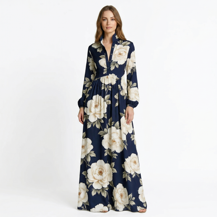 Women's Geometric Print Maxi Shirt Dress Long Sleeve Button-Down A-Line Casual Dress
