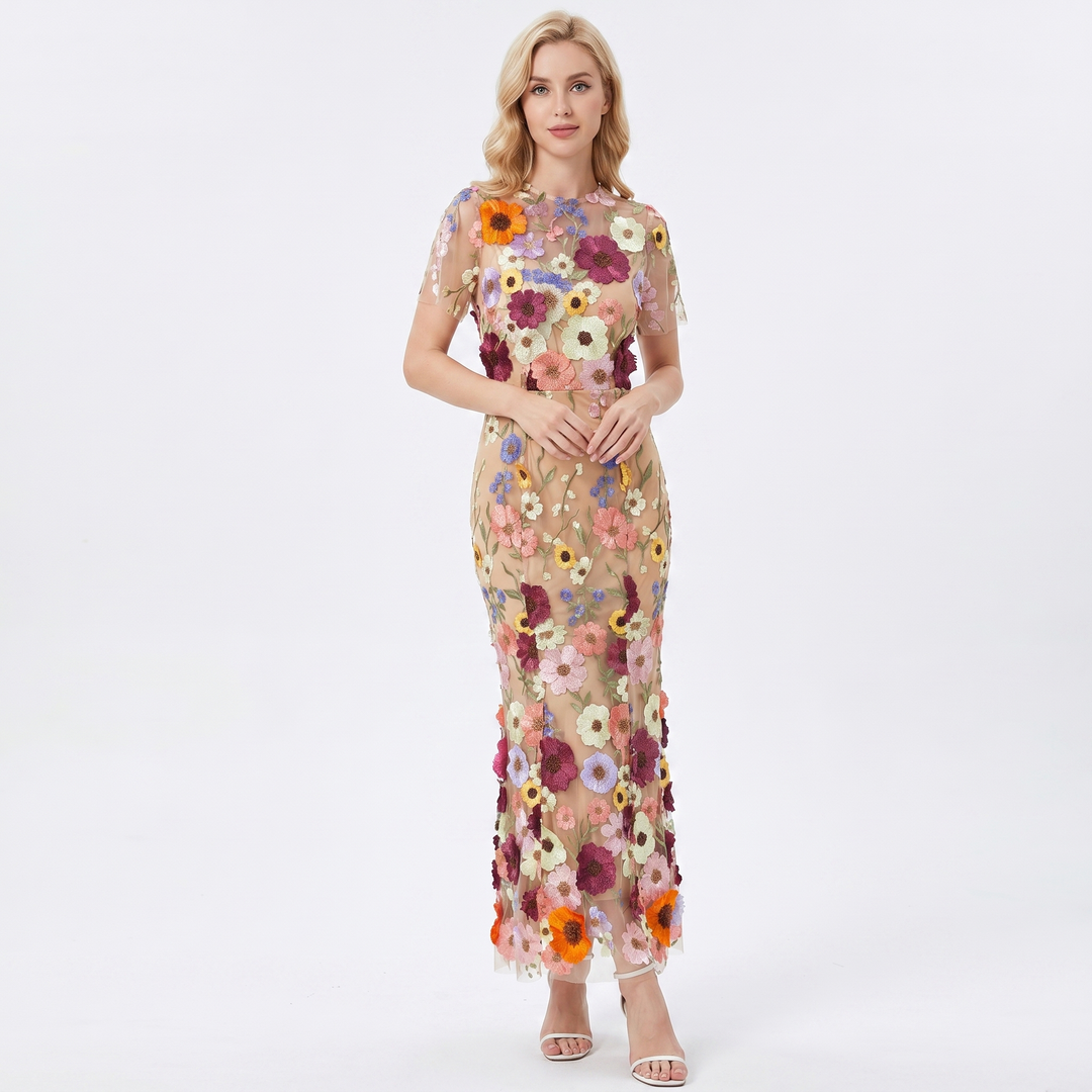 Women's Floral Embroidered Mesh Maxi Dress Short Sleeve Sheer Overlay