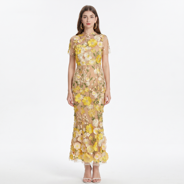 Women's Floral Embroidered Mesh Maxi Dress Short Sleeve Sheer Overlay