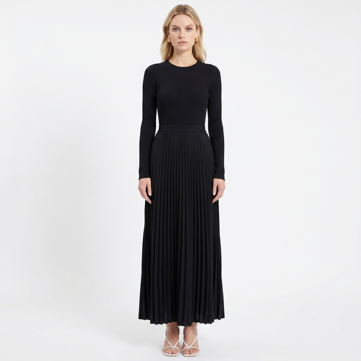 Women's Pleated Maxi Dress Long Sleeve Ribbed Bodice Elegant A-Line