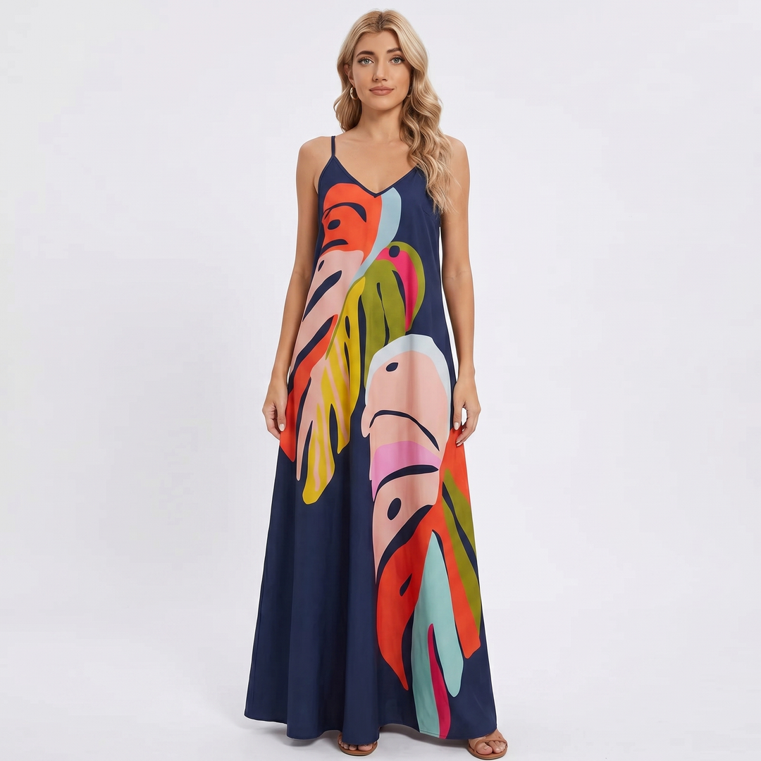 Women's Tropical Print Maxi Dress Spaghetti Strap V-Neck Boho Summer
