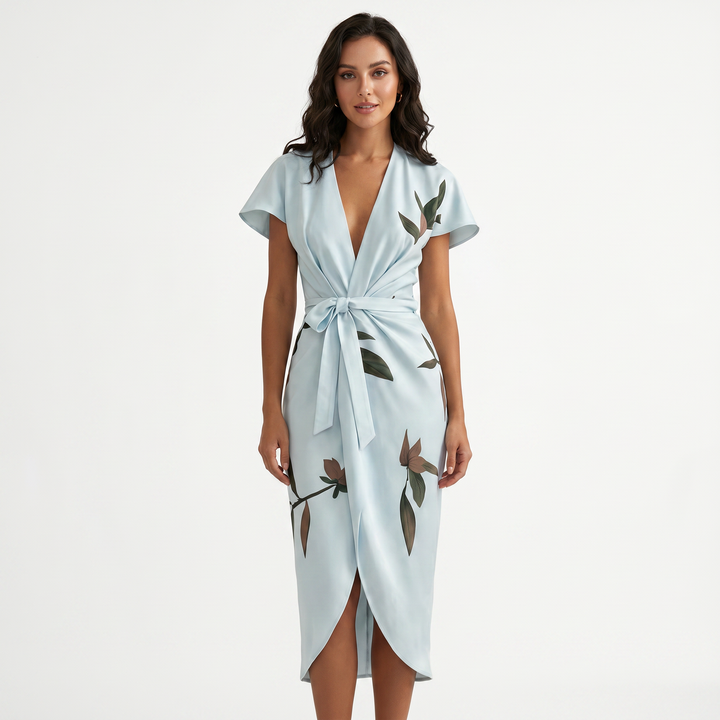 Women's Floral Leaf Print Wrap Midi Dress Deep V-Neck Belted Short Sleeve