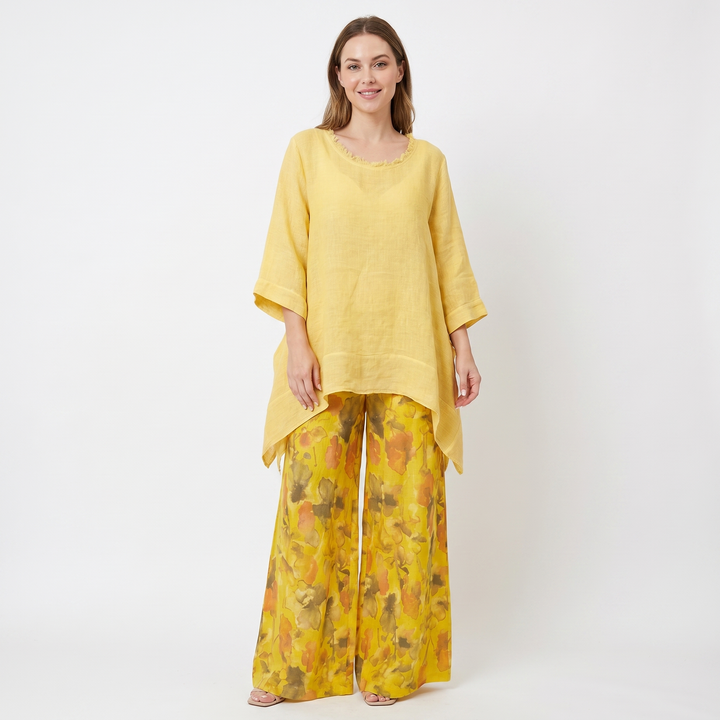 Women's Linen Two-Piece Set Oversized Top Floral Wide-Leg Trousers Boho