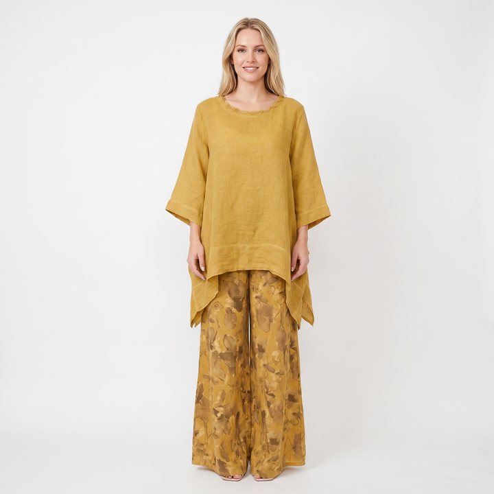 Women's Linen Two-Piece Set Oversized Top Floral Wide-Leg Trousers Boho