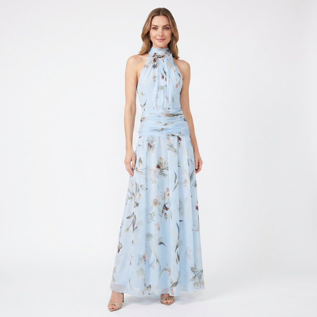 Women's Floral Chiffon Halter Maxi Dress Ruched Waist Sleeveless Formal