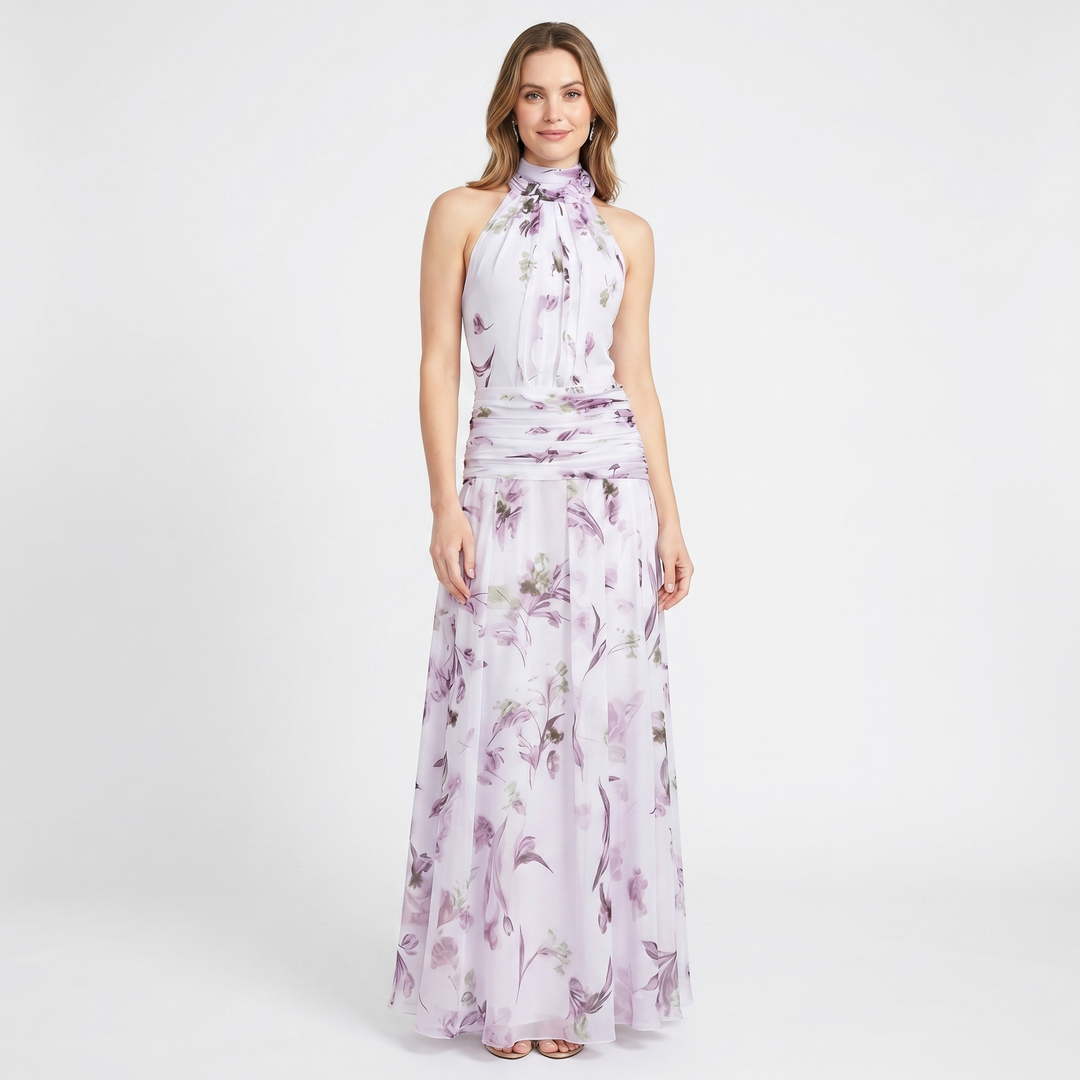 Women's Floral Chiffon Halter Maxi Dress Ruched Waist Sleeveless Formal