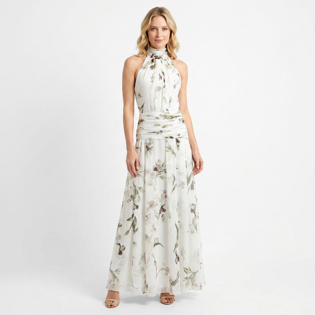 Women's Floral Chiffon Halter Maxi Dress Ruched Waist Sleeveless Formal