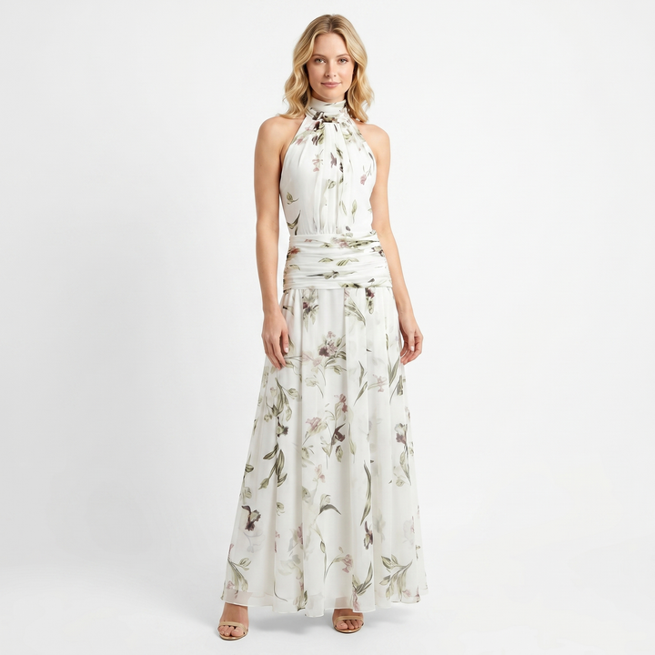 Women's Floral Chiffon Halter Maxi Dress Ruched Waist Sleeveless Formal