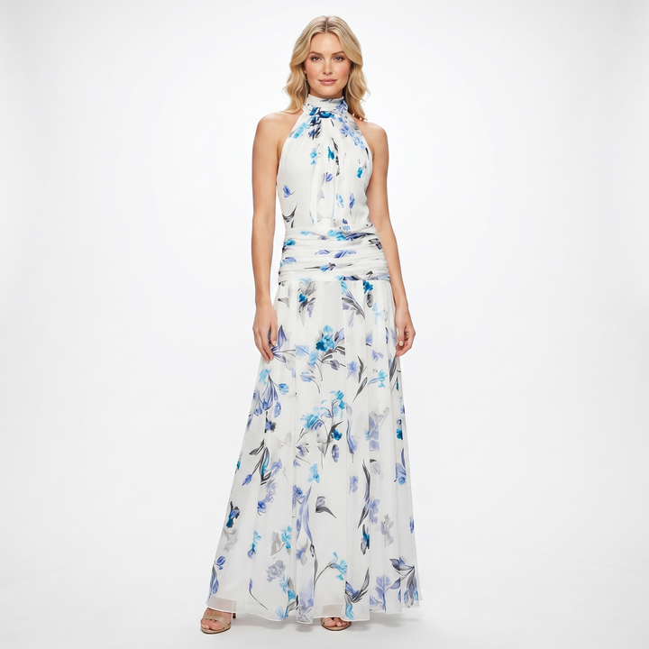 Women's Floral Chiffon Halter Maxi Dress Ruched Waist Sleeveless Formal