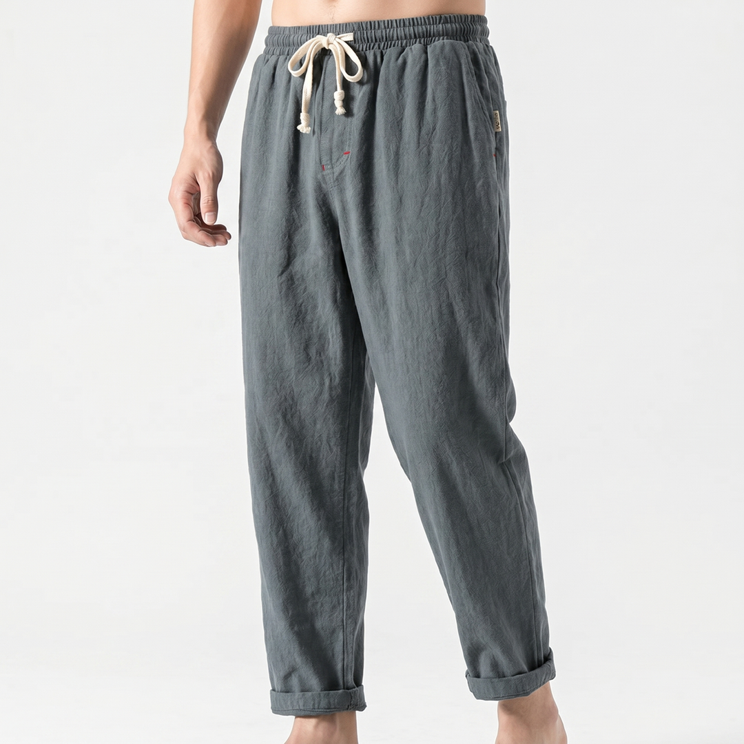 Men's Linen Drawstring Trousers Elastic Waist Relaxed Fit Casual Summer Pants