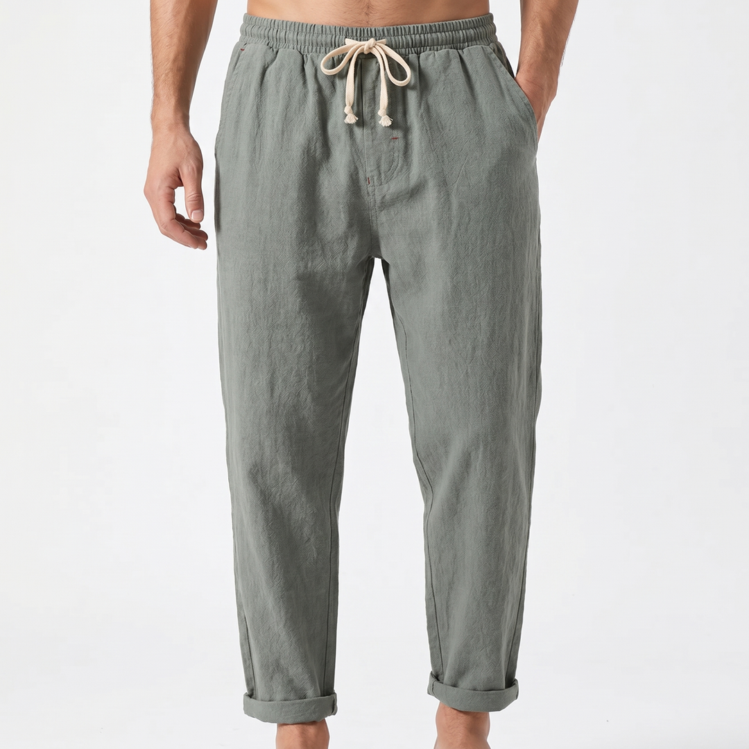Men's Linen Drawstring Trousers Elastic Waist Relaxed Fit Casual Summer Pants
