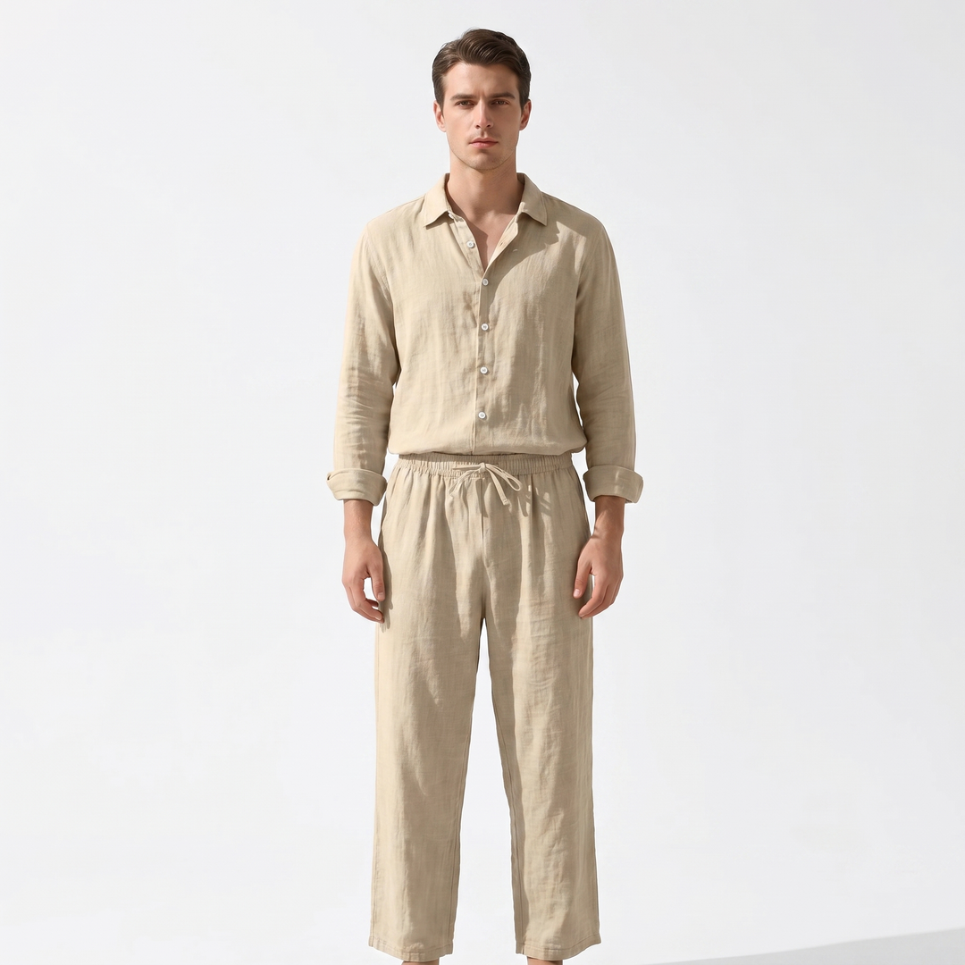 Men's Linen Two-Piece Set Long Sleeve Shirt Drawstring Trousers Casual Summer