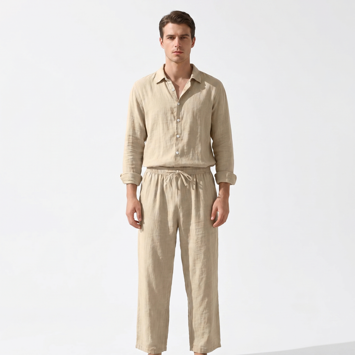 Men's Linen Two-Piece Set Long Sleeve Shirt Drawstring Trousers Casual Summer