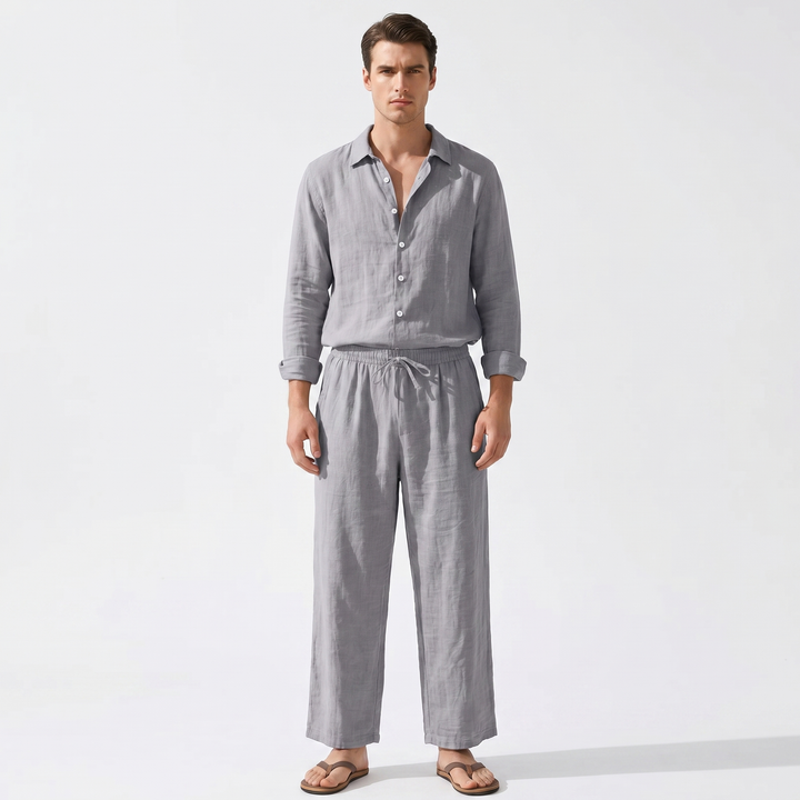 Men's Linen Two-Piece Set Long Sleeve Shirt Drawstring Trousers Casual Summer