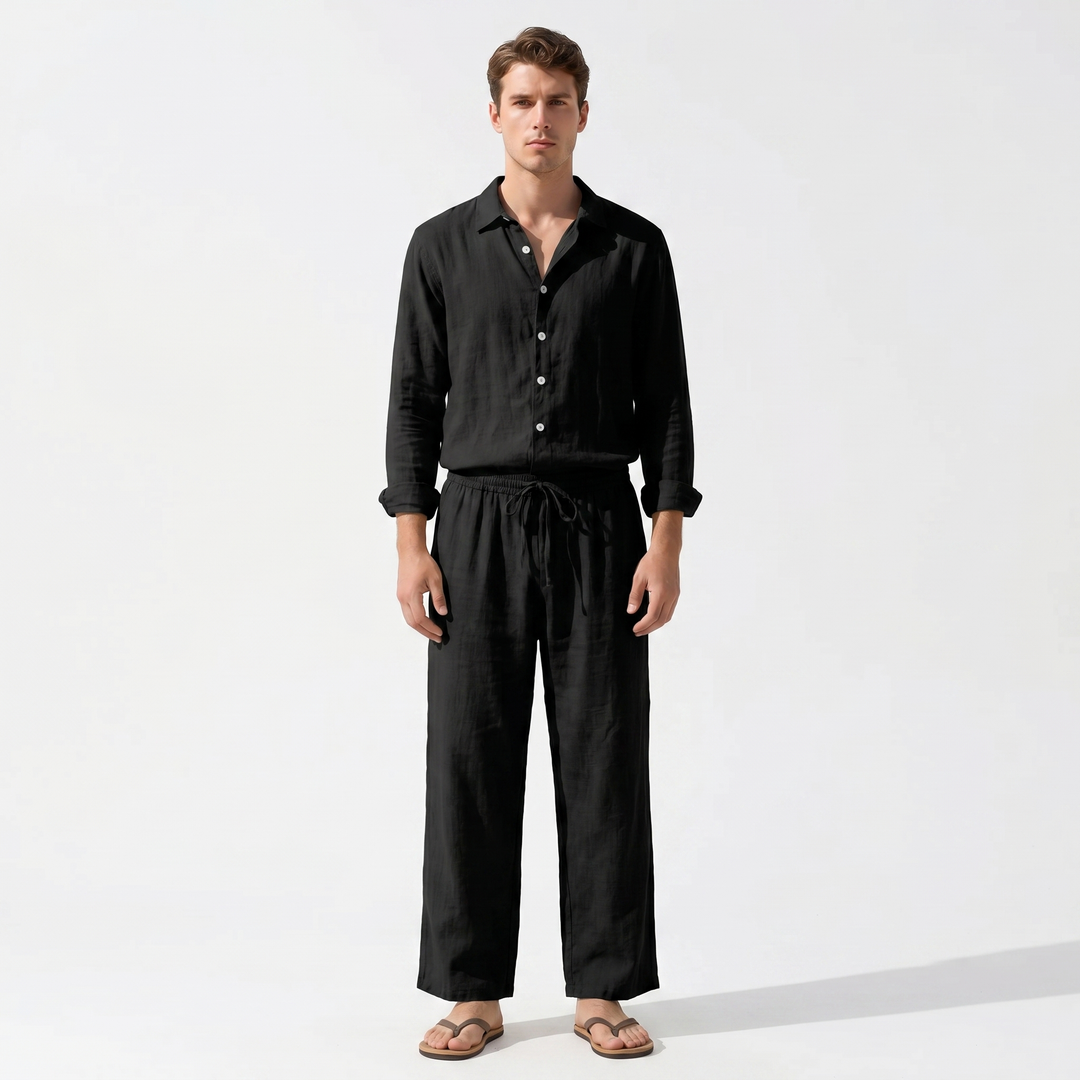 Men's Linen Two-Piece Set Long Sleeve Shirt Drawstring Trousers Casual Summer