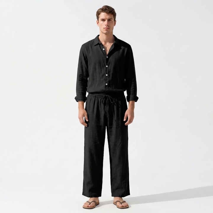 Men's Linen Two-Piece Set Long Sleeve Shirt Drawstring Trousers Casual Summer
