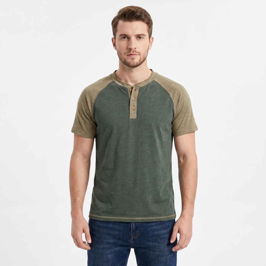 Men's Henley T-Shirt Raglan Short Sleeve Colour Block Cotton Casual Slim Fit