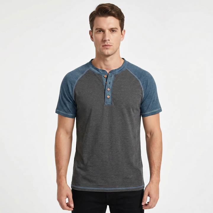 Men's Henley T-Shirt Raglan Short Sleeve Colour Block Cotton Casual Slim Fit