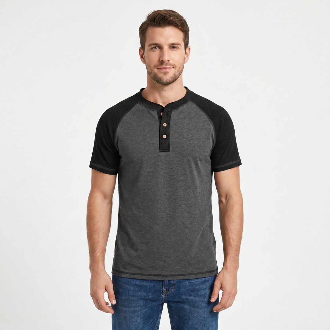 Men's Henley T-Shirt Raglan Short Sleeve Colour Block Cotton Casual Slim Fit