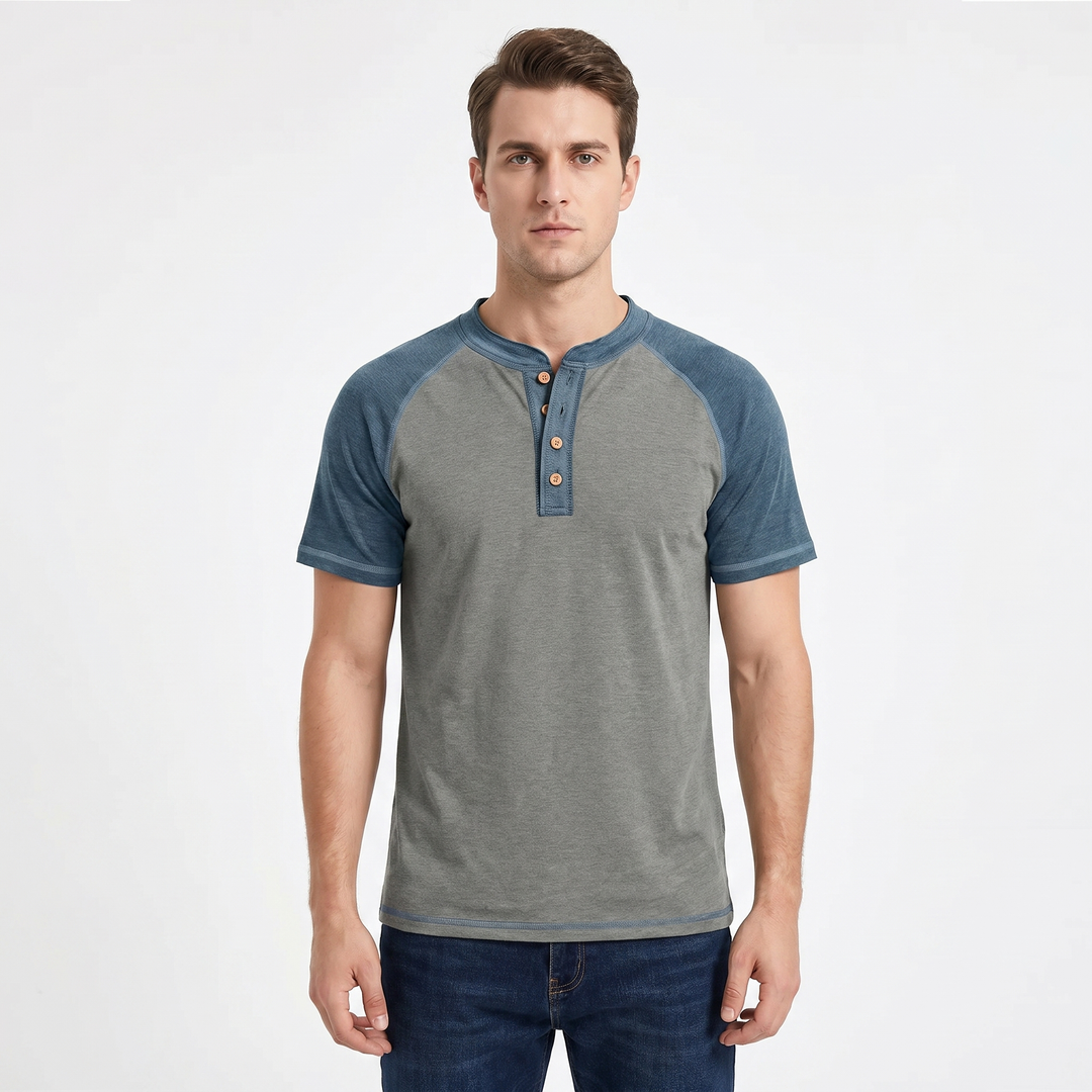 Men's Henley T-Shirt Raglan Short Sleeve Colour Block Cotton Casual Slim Fit