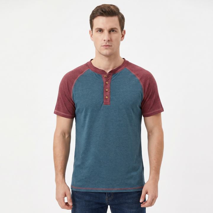 Men's Henley T-Shirt Raglan Short Sleeve Colour Block Cotton Casual Slim Fit