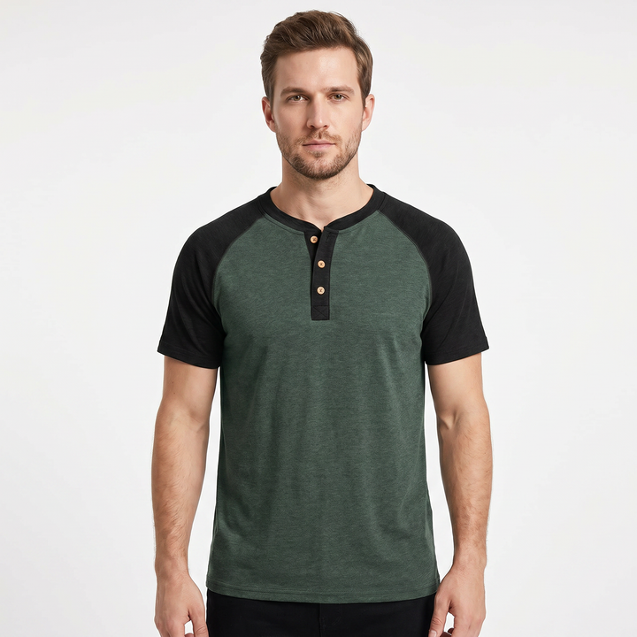 Men's Henley T-Shirt Raglan Short Sleeve Colour Block Cotton Casual Slim Fit