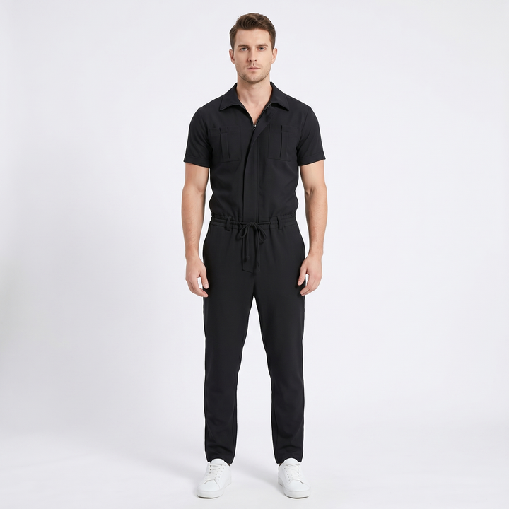 Men's Short Sleeve Jumpsuit Zip Front Drawstring Waist Cargo Casual Romper