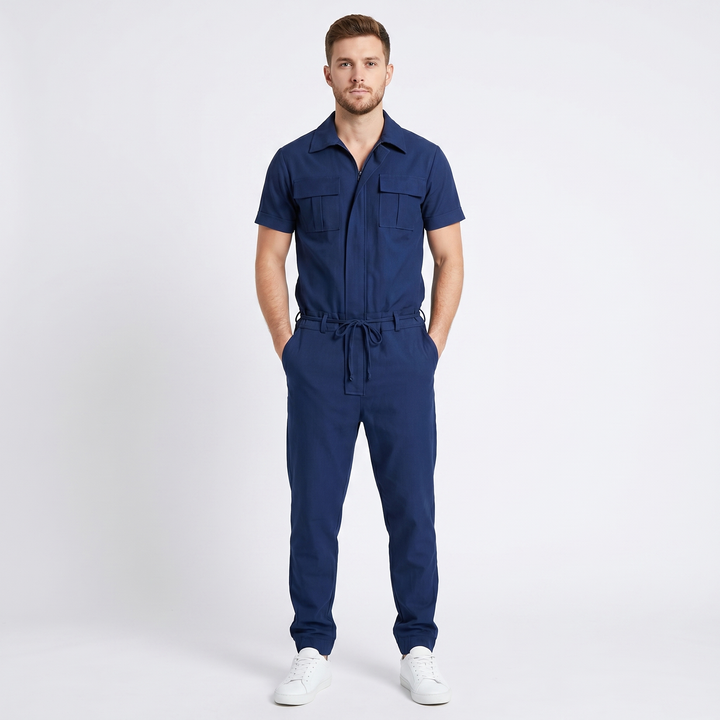 Men's Short Sleeve Jumpsuit Zip Front Drawstring Waist Cargo Casual Romper