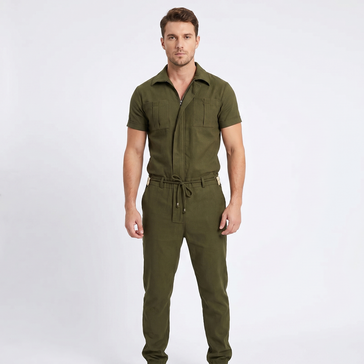 Men's Short Sleeve Jumpsuit Zip Front Drawstring Waist Cargo Casual Romper