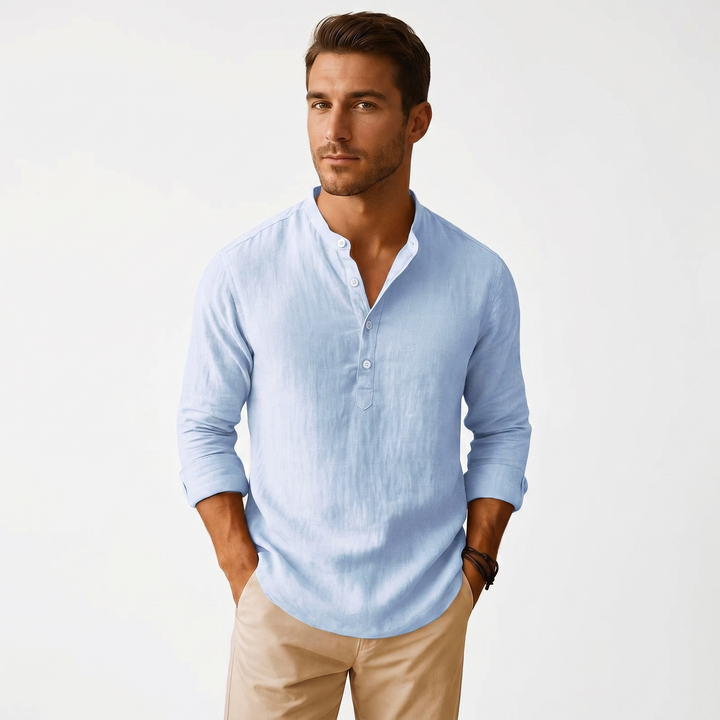 Men's Linen Henley Shirt Long Sleeve Band Collar Relaxed Fit Casual Summer