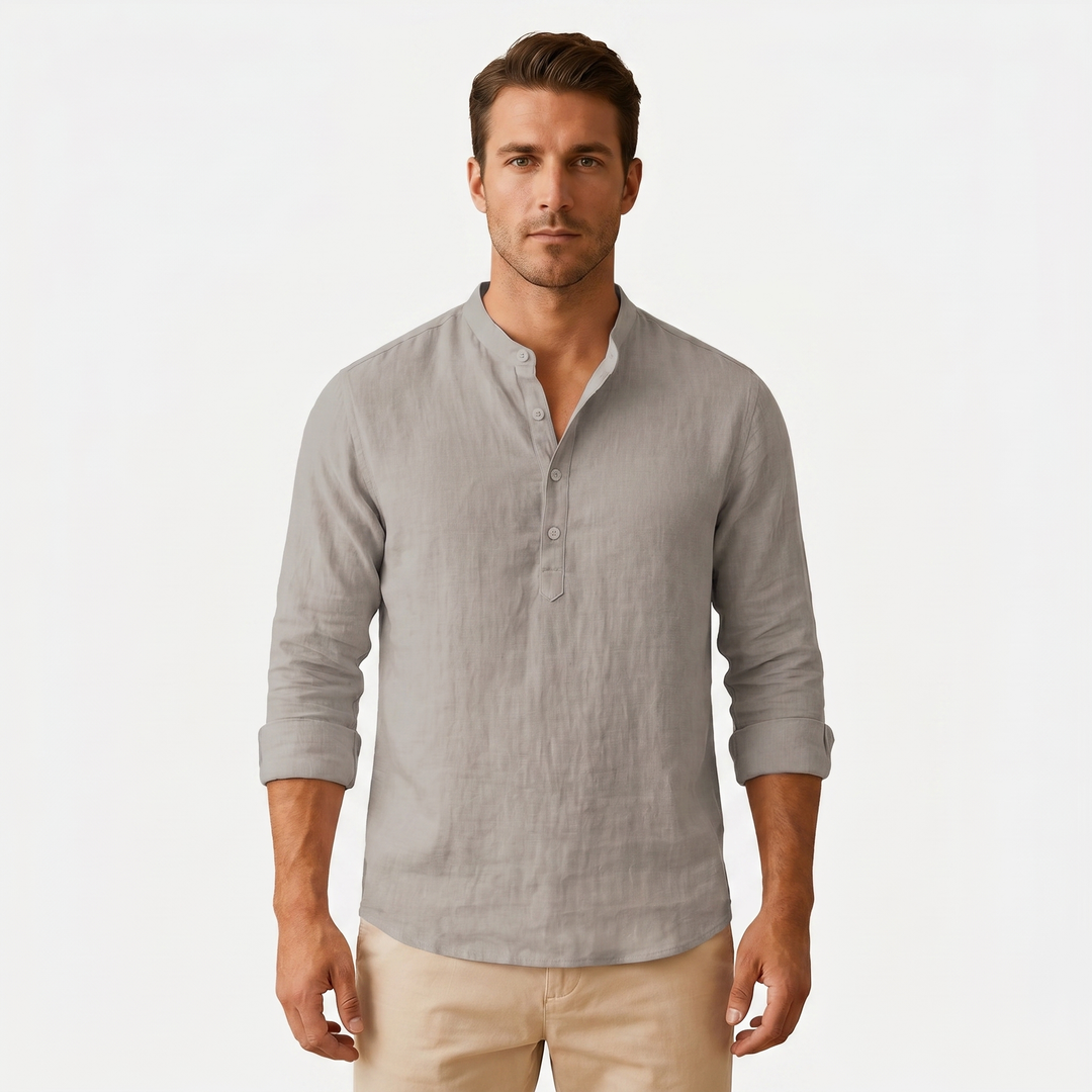 Men's Linen Henley Shirt Long Sleeve Band Collar Relaxed Fit Casual Summer