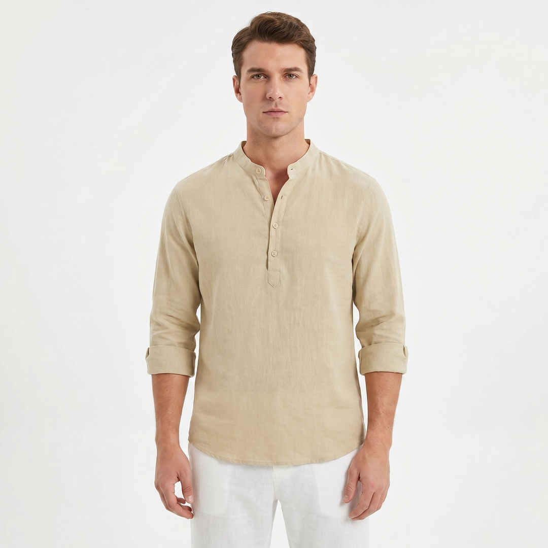 Men's Linen Henley Shirt Long Sleeve Band Collar Relaxed Fit Casual Summer