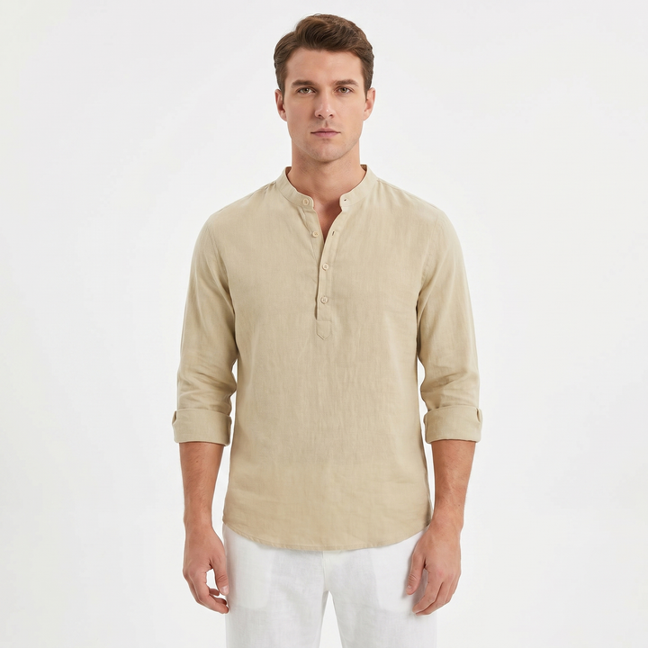 Men's Linen Henley Shirt Long Sleeve Band Collar Relaxed Fit Casual Summer
