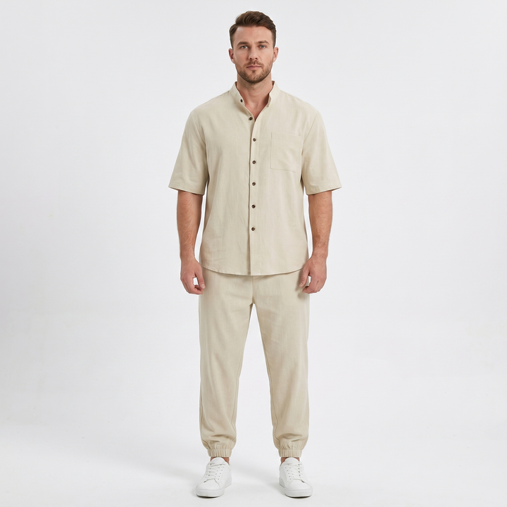 Men's Two-Piece Linen Set Band Collar Short Sleeve Shirt Wide-Leg Trousers