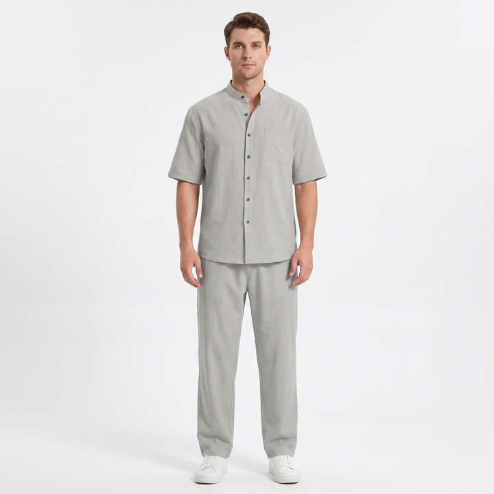 Men's Two-Piece Linen Set Band Collar Short Sleeve Shirt Wide-Leg Trousers