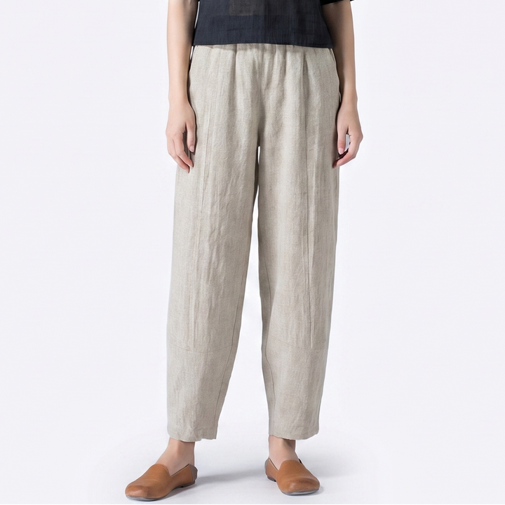 Women's Linen Harem Trousers Elastic Waist Tapered Casual Boho Summer Pants