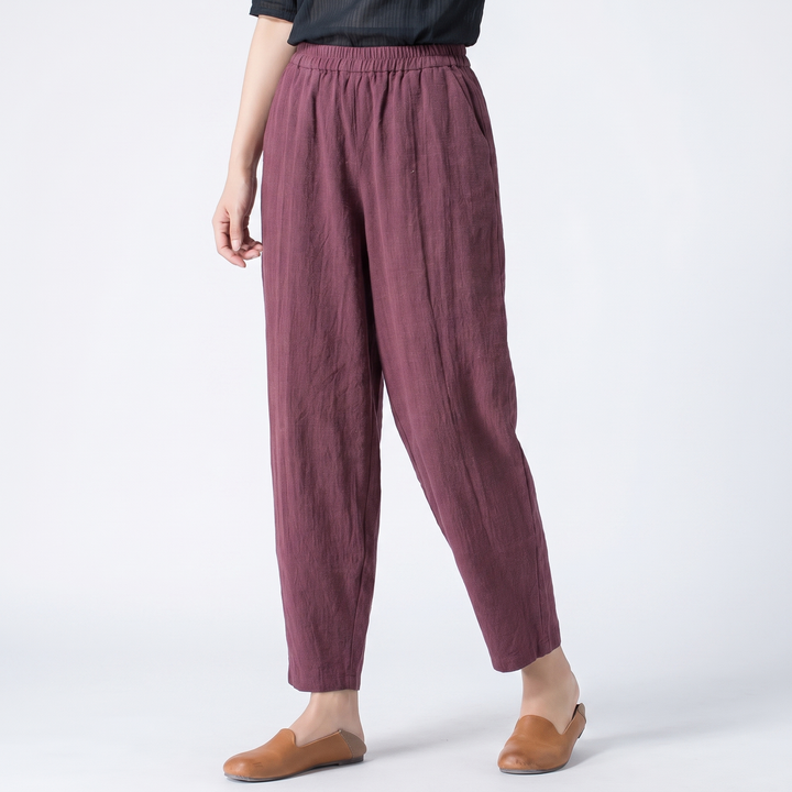 Women's Linen Harem Trousers Elastic Waist Tapered Casual Boho Summer Pants