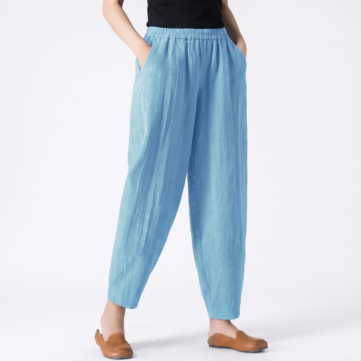 Women's Linen Harem Trousers Elastic Waist Tapered Casual Boho Summer Pants