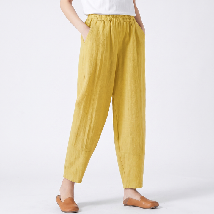 Women's Linen Harem Trousers Elastic Waist Tapered Casual Boho Summer Pants