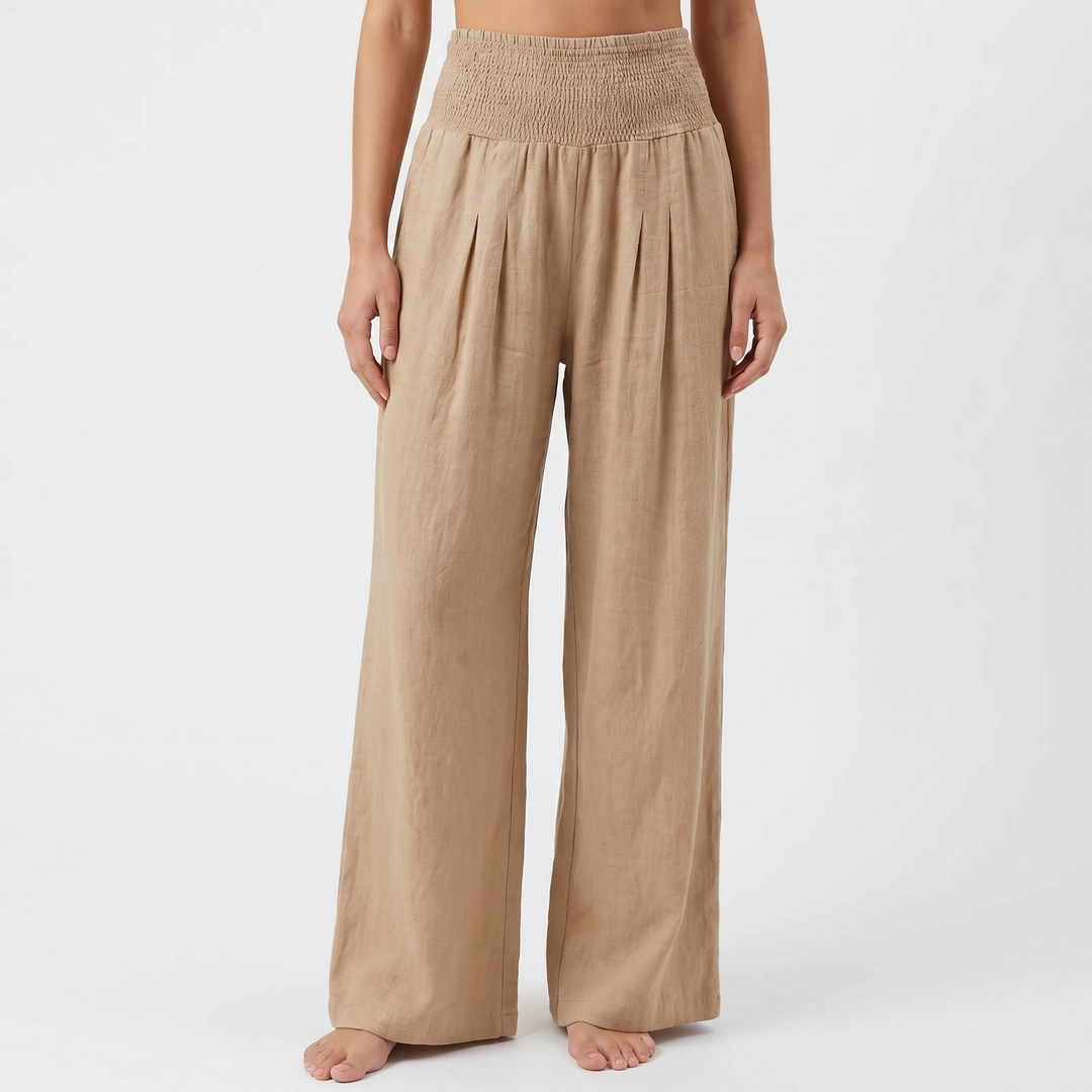 Women's Linen Wide-Leg Trousers Smocked High Waist Pleated Casual Beach Pants
