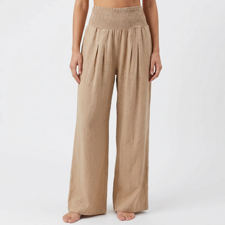 Women's Linen Wide-Leg Trousers Smocked High Waist Pleated Casual Beach Pants