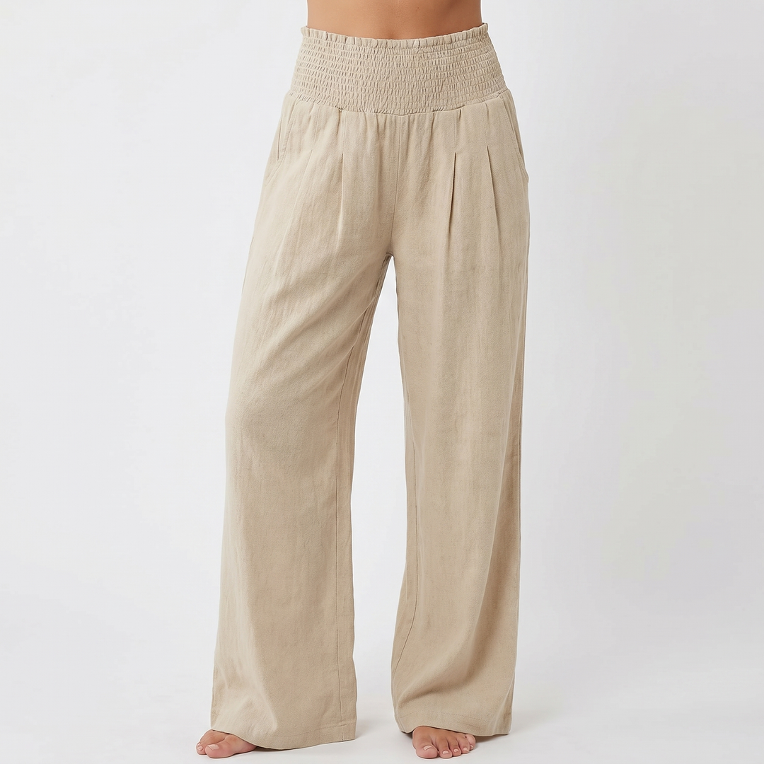 Women's Linen Wide-Leg Trousers Smocked High Waist Pleated Casual Beach Pants