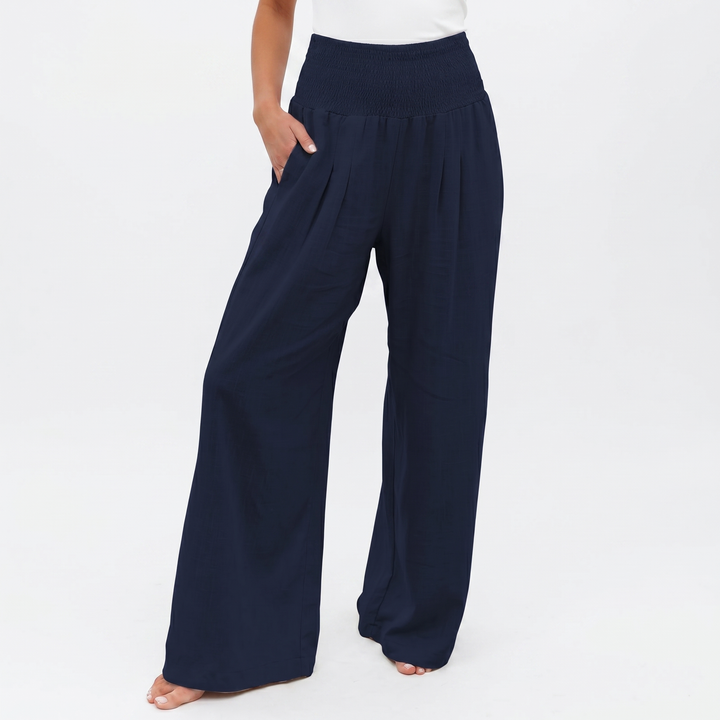 Women's Linen Wide-Leg Trousers Smocked High Waist Pleated Casual Beach Pants