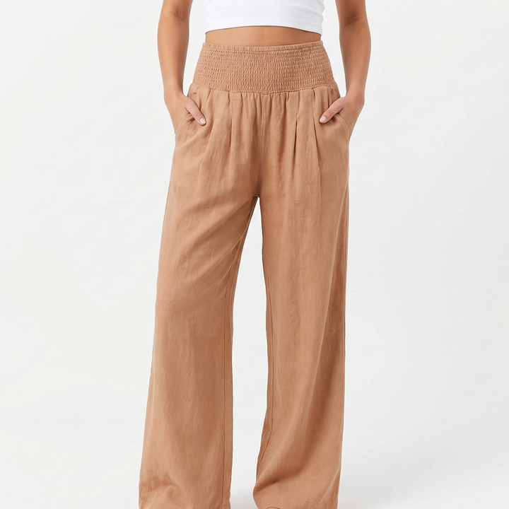 Women's Linen Wide-Leg Trousers Smocked High Waist Pleated Casual Beach Pants
