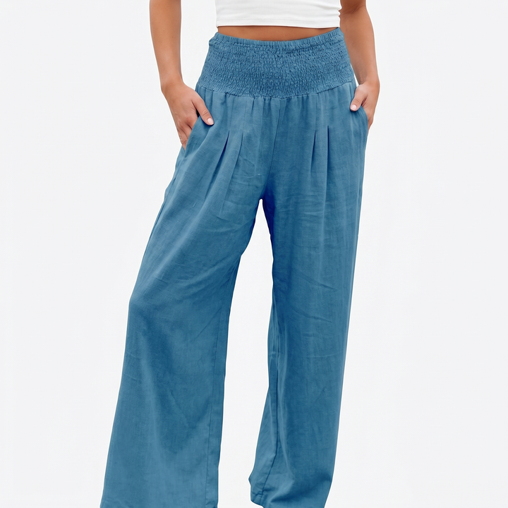 Women's Linen Wide-Leg Trousers Smocked High Waist Pleated Casual Beach Pants