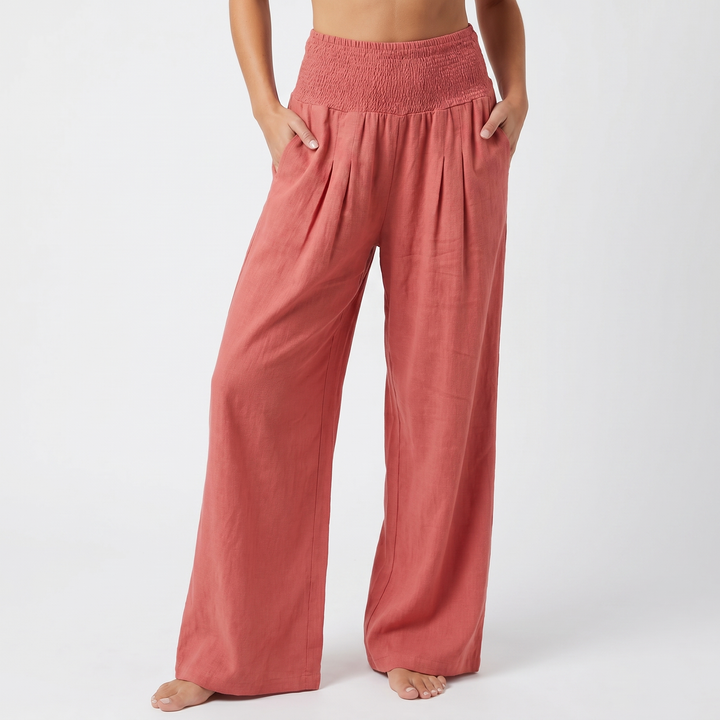Women's Linen Wide-Leg Trousers Smocked High Waist Pleated Casual Beach Pants