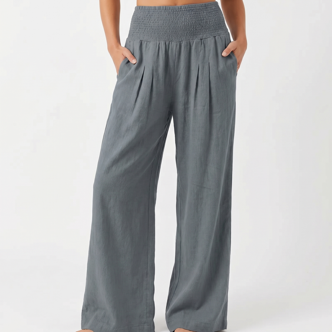 Women's Linen Wide-Leg Trousers Smocked High Waist Pleated Casual Beach Pants