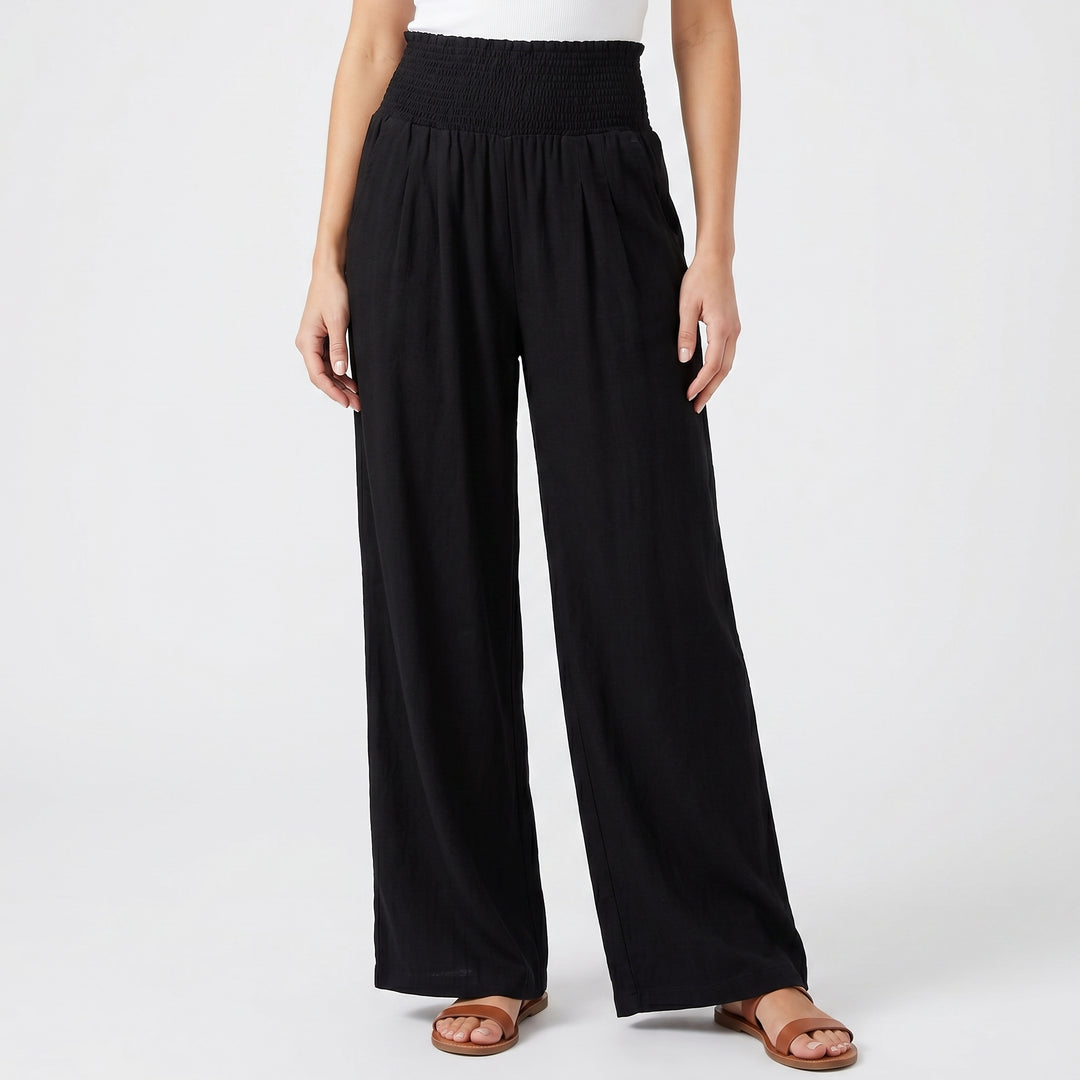 Women's Linen Wide-Leg Trousers Smocked High Waist Pleated Casual Beach Pants