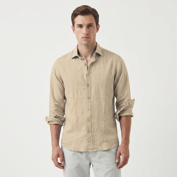 Men's Linen Long Sleeve Shirt Button-Down Spread Collar Relaxed Fit Casual