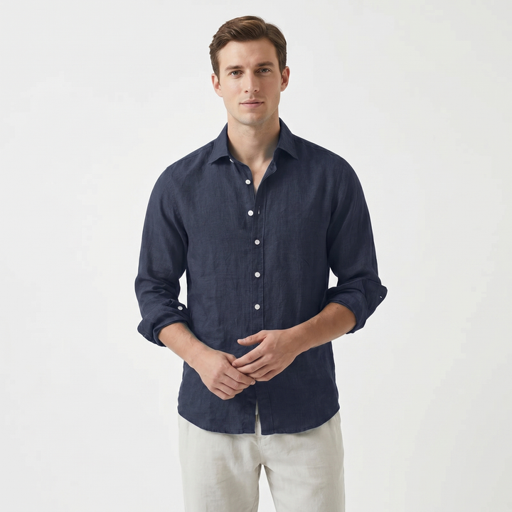 Men's Linen Long Sleeve Shirt Button-Down Spread Collar Relaxed Fit Casual
